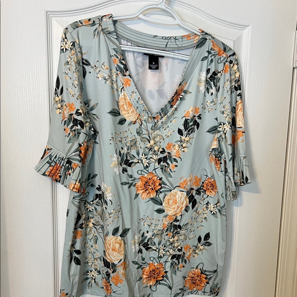 Nue Options Floral V-Neck Blouse - Orange and Cream